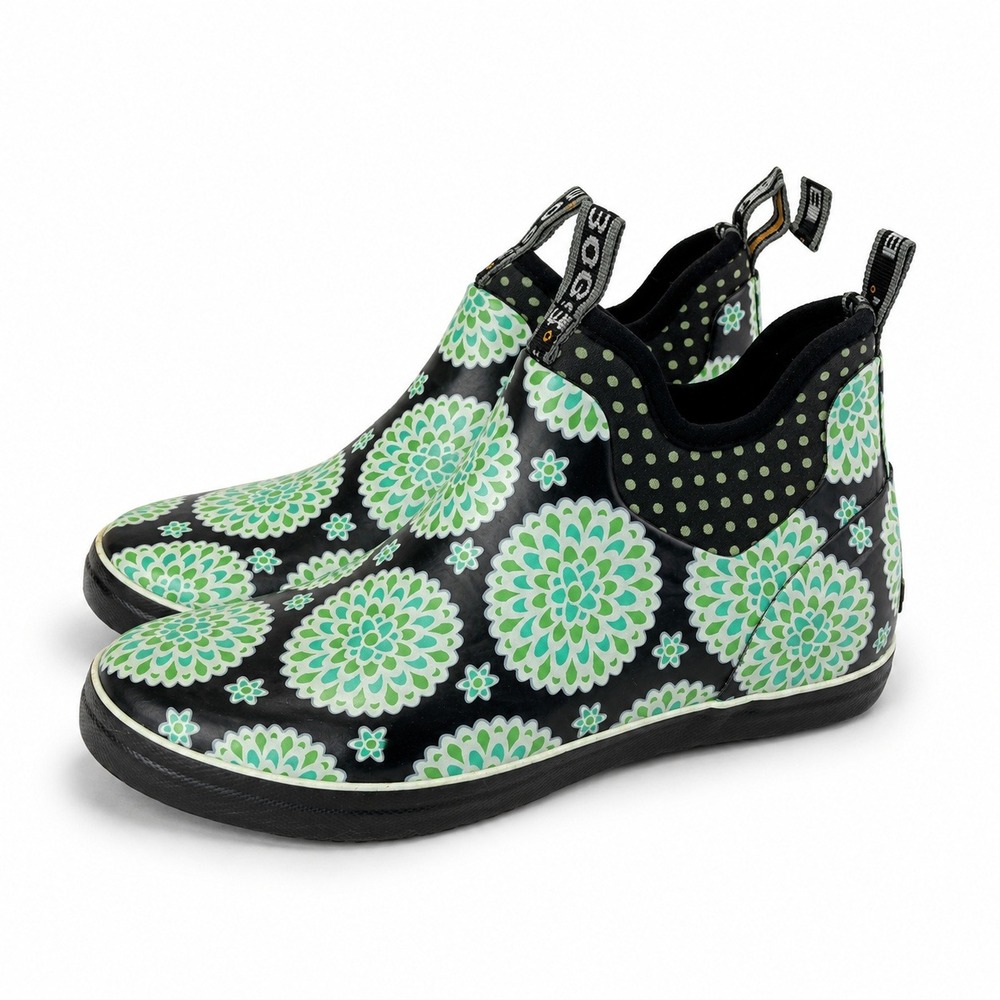 Bogs Mattie Dahlia Rain Boots Womens 9 Black Green Floral Waterproof Ankle